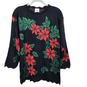 Vintage Holiday Time Christmas Poinsettia Floral Metallic Sweater Women's Small